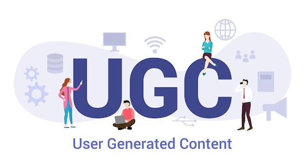 Ugc door gebruikers gegenereerd inhoudsconcept met groot woord of tekst en teammensen met moderne vlakke stijlvector