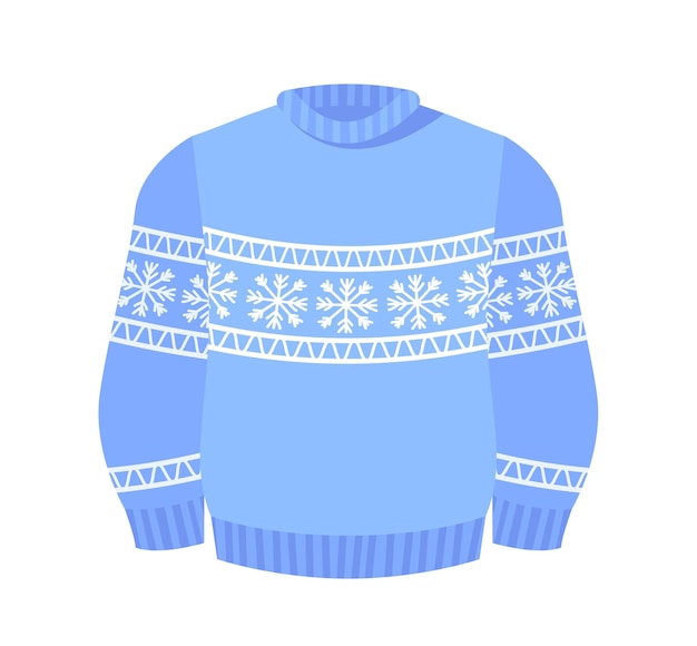 Уродливый рождественский свитер синий вязаный зимний джемпер с норвежским орнаментом и праздничным украшением, изолированным на белом