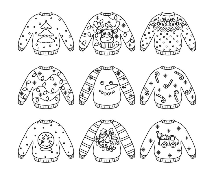 Vector ugly christmas sweater funny christmas clothes set coloring page vector