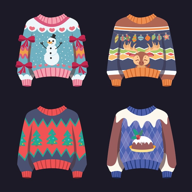 Ugly Christmas sweater set with colorful patterns