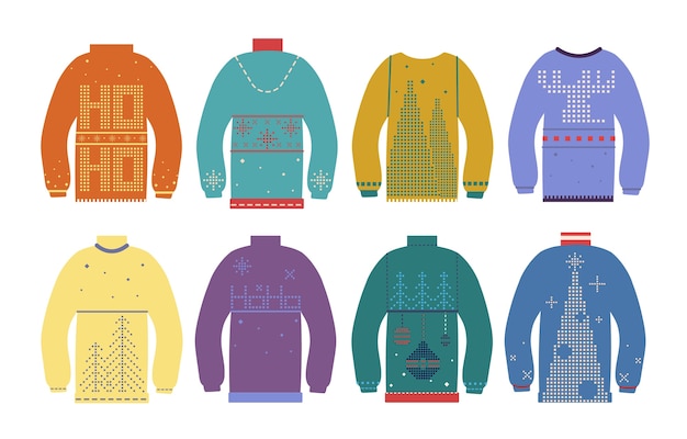 못생긴 크리스마스 스웨터. 다양하고 귀여운 북유럽 겨울 장식품이있는 전통적인 크리스마스 점퍼. 휴가 화려한 옷 벡터 세트