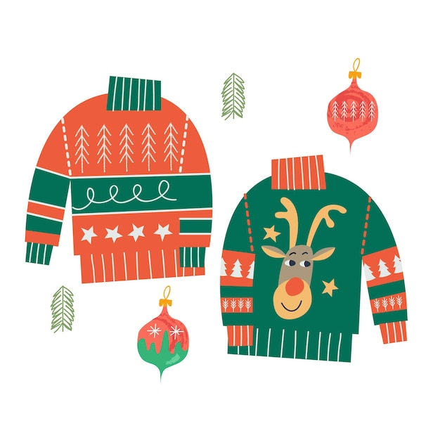 Vector ugly knitted christmas sweaters. vector illustration on a white background, greeting card.