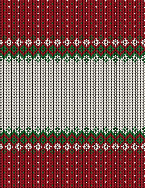 Ugly sweater at Buffalo Plaid Merry Christmas and Happy New Year greeting card frame border illustration knitted background seamless pattern with folk style scandinavian ornaments