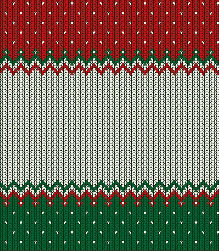 Vector ugly sweater at buffalo plaid merry christmas and happy new year greeting card frame border illustration knitted background seamless pattern with folk style scandinavian ornaments