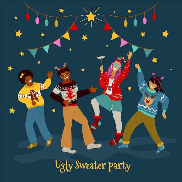 Ugly sweater party Young people in Christmas sweaters are dancing