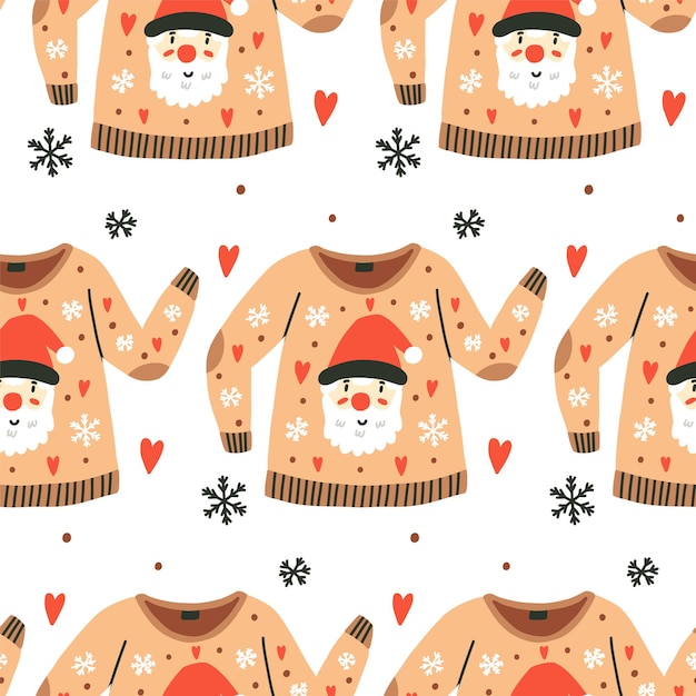 Ugly sweater pattern with santa claus background