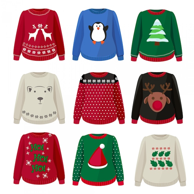 Vector ugly sweaters. funny christmas clothes jumper with decoration cute snowflakes  sweaters collection