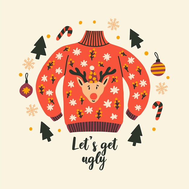 Ugly Sweaters party print with deer and greeting lettering