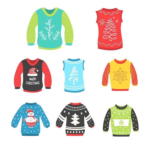 Vector ugly sweaters set for christmas party fun party wear holiday new year cloth collection