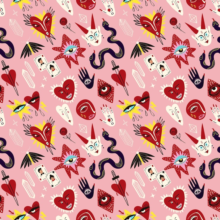 Vector ugly valentine pattern bizarre funky pattern for valentines day in doodle style