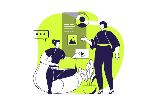 UI and UX designers web concept with flat people for website design Women work in team creating site interface engineering mobile applications template fixing prototypes Vector illustration