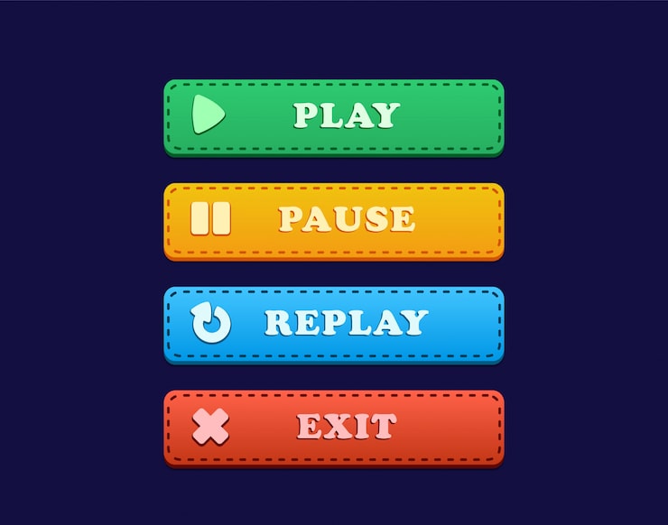 Vector ui button for game with play, pause, replay and exit, ui button for game that includes play, pause, replay and exit with drop shadow