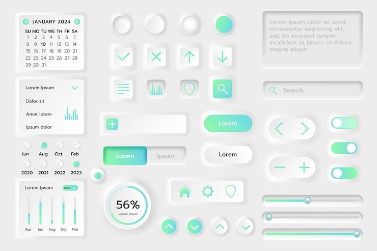 Vector ui button kit neomorphic app isolated elements calendar ux objects mobile web interface template application icon set screen with buttons tools and diagrams dashboard for gui vector menu