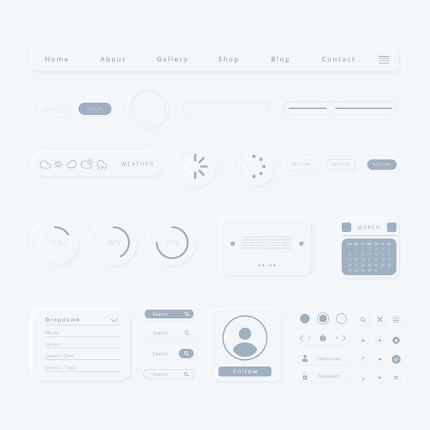 Vector ui components-elementen met neumorphic-stijl voor interfaces voor mobiele web-app of website-ontwikkeling