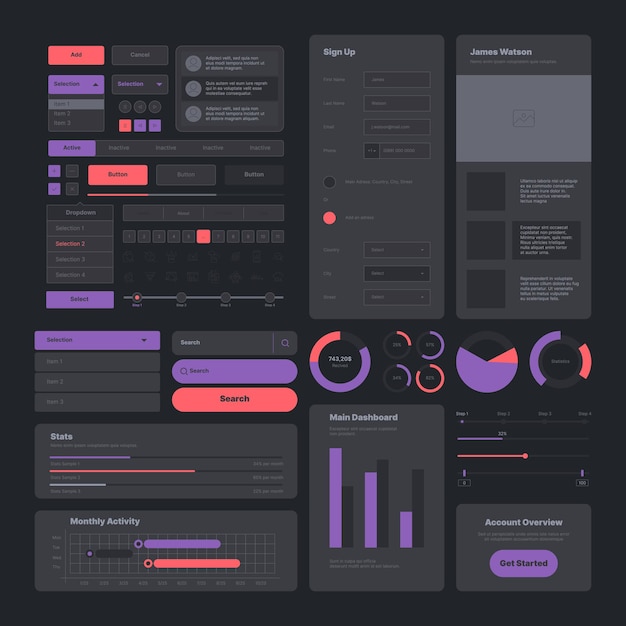 Ui dark. web design pages layout user icons buttons dividers navigate tools infographic modern garish vector collection. illustration navigation menu, website mockup infographic