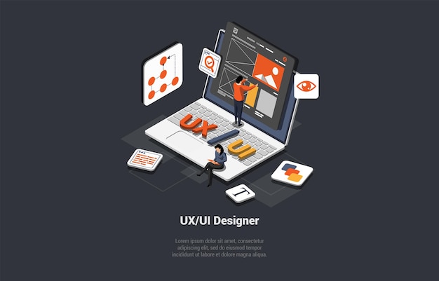 UI Design Concept Device Content Place Infographic Software group kit for phone seo programming UX Digital Hero Creative Team Work On Wireframe Website Design Isometric 3d Vector Illustration