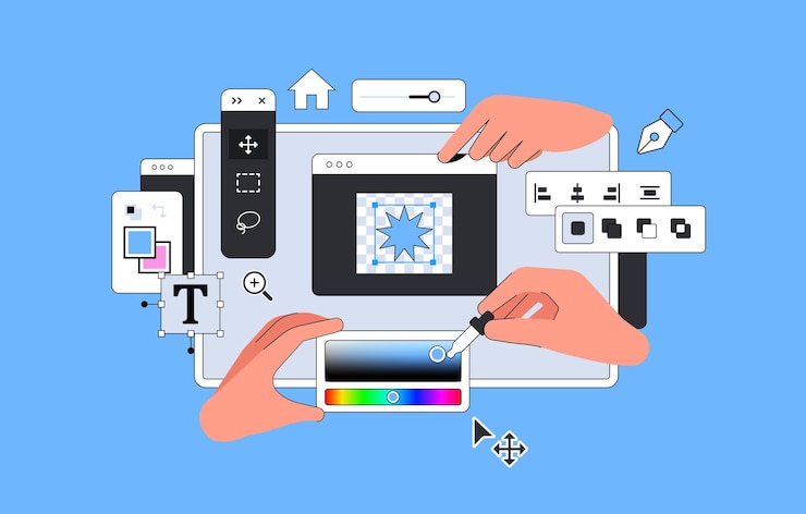 Вектор векторная иллюстрация ui design layout с помощью hands tool для профессионального цифрового искусства в raster graphi