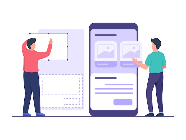 UI designer create wireframe using tool in collaboration with developer design mobile apps on large smartphone with flat cartoon style.