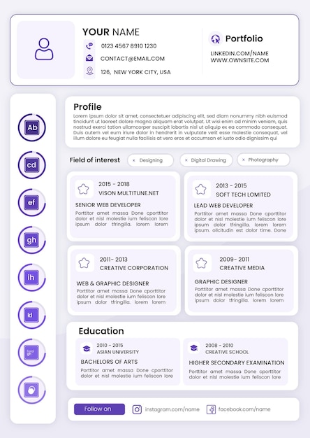 Vettore curriculum dell'interfaccia utente in tema lavanda