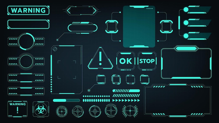 Vector ui digital futuristic technology game graphic bar button cyber elements fi hud sci box frame interface tech abstract arrow board circle blue glowing elements vector cyberpunk template