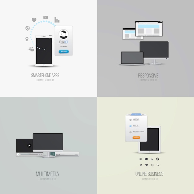 スマートフォンアプリ、レスポンシブ、マルチメディア、オンラインビジネスのui要素とアイコン