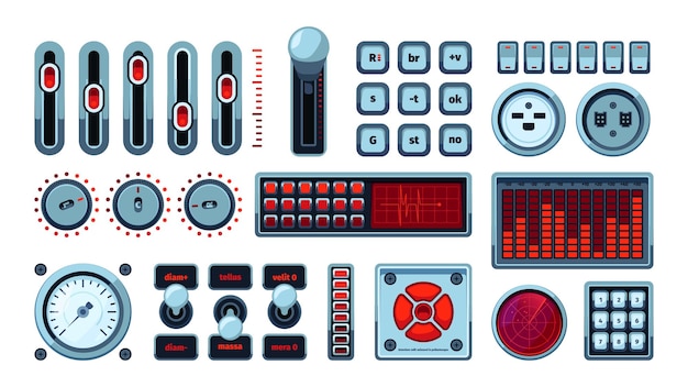 Ui elements control panels dashboards switches buttons frames volume handle controllers dial meters garish vector templates colored set