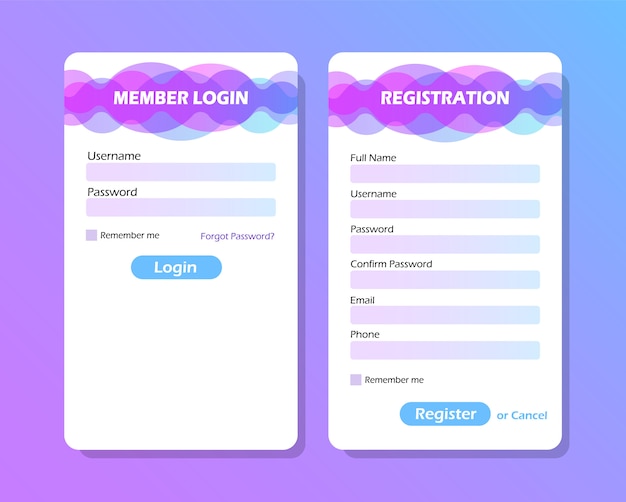 UI elements. Login form and Registration form.