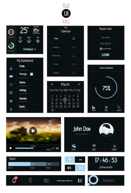 Elementi dell'interfaccia utente per web e dispositivi mobili. icone e pulsanti. design piatto.