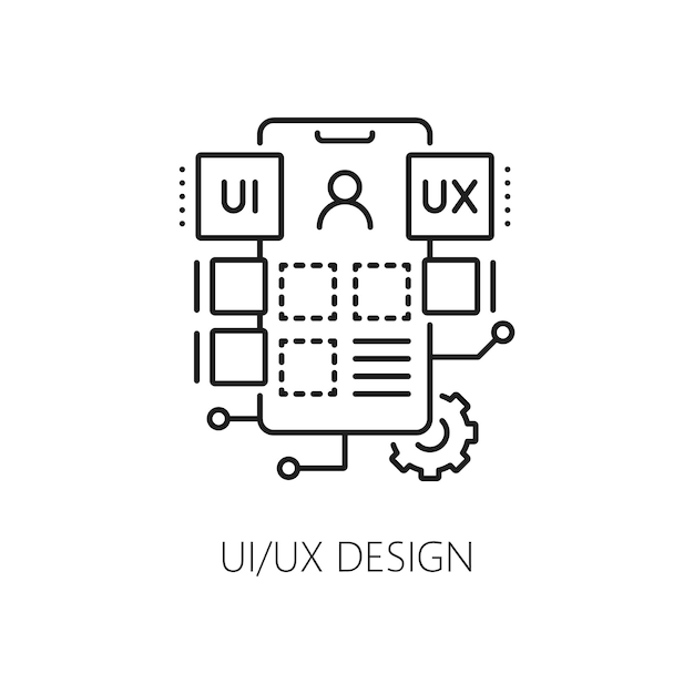 Vector ui en ux ontwerp web app ontwikkelen en optimaliseren icoon voor software programmering lijn vector mobiele applicatie gebruikersinterface ontwikkeling en web app creatie hulpmiddelen voor digitale engineering icoon