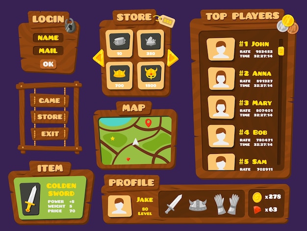 벡터 ui 게임 요소 카툰 우드 인터페이스 버튼 및 화살표 앱 그래픽 디자인을 위한 모바일 플레이 바 레벨 및 스토어 메뉴 보드 최근 벡터 세트