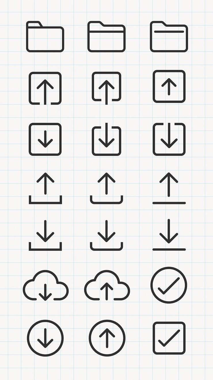 Vector ui圖示向量，上傳和下載圖示的網格，包括資料夾、雲端和勾選符號。簡單的上傳和下載數位用途設計。使用者介面圖示，ui圖示向量集