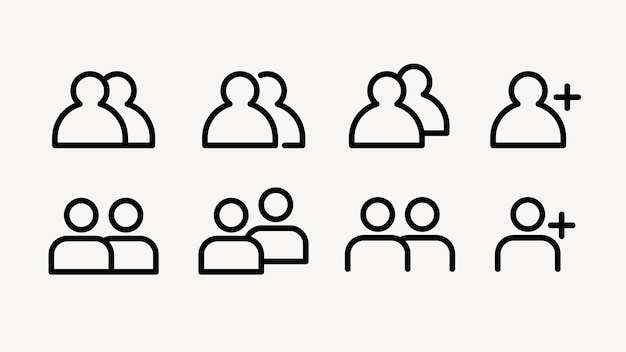 UI icon vectors Set of user icons in black outline Includes pairs and single user icons with plus sign Simple minimalist user icons for interface design User interface icons UI icon vector set