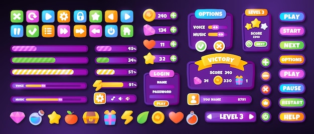 Vector ui interface set game or program collection of progress or loading bars options and settings