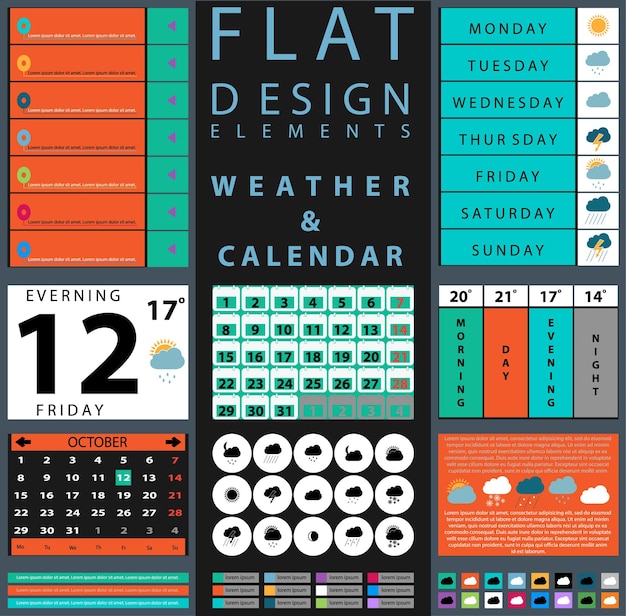 ベクトル uiは、フラットなデザインの天気とカレンダーを備えた美しいコンポーネントのセットです