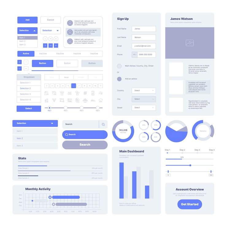 Vector 유이 킷. 웹 디자인 프로젝트 및 모바일 응용 프로그램 항목에 대한 사용자 레이아웃 요소는 벡터 템플릿을 화려하게 합니다. ui 웹, 모바일 레이아웃 페이지 그림
