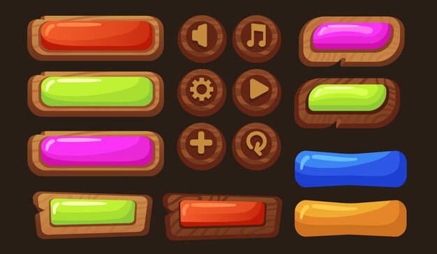 Vector ui panel buttons gaming sign button cartoon for game interface wooden boards web panel menu design elements colorful textured neat vector set