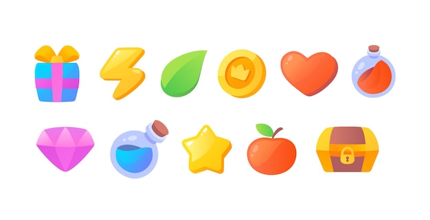 Vector ui pictogrammen voor spel set appel hart bliksem bolt en drank fles munt ster en borst gezondheid
