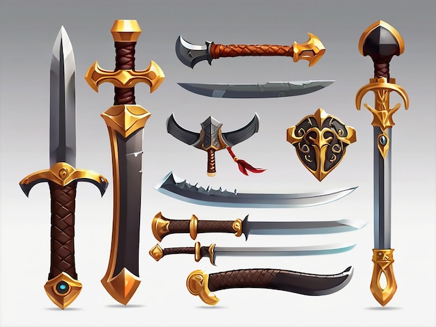 ui set vector illustration of a set of sword combat items of a knight isolated on white background