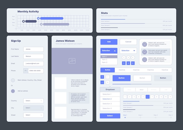 Ui-sjabloon. web dashboard elementen knoppen scheidingslijnen menu symbolen ux lay-out opzichtige vector collectie. responsieve software voor illustratierapporten, knop op de startpagina van de gebruiker