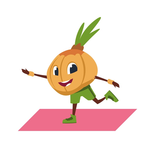 Ui stripfiguur doen yoga plantaardige mascotte sport oefeningen op gymnastiekmat pilates en aerobics opleiding groenteboer of sportschool voor kinderen reclame sjabloon vectorillustratie fitness