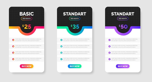 Vector ui ux app pricing chart table subscription design or website pricing chart table design template