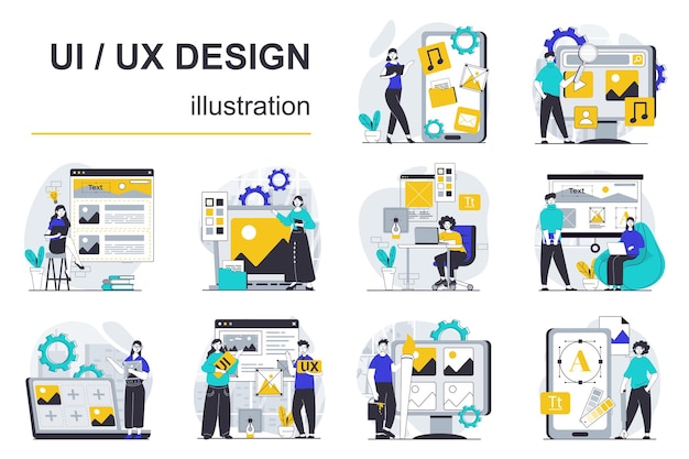 Concetto di design ui ux con mega set di situazioni di personaggi illustrazioni vettoriali