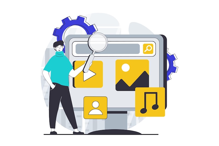 Vector ui ux design concept with people scene in flat graphic for web man creating webpage interface responsive layout and editing elements vector illustration for social media banner marketing material