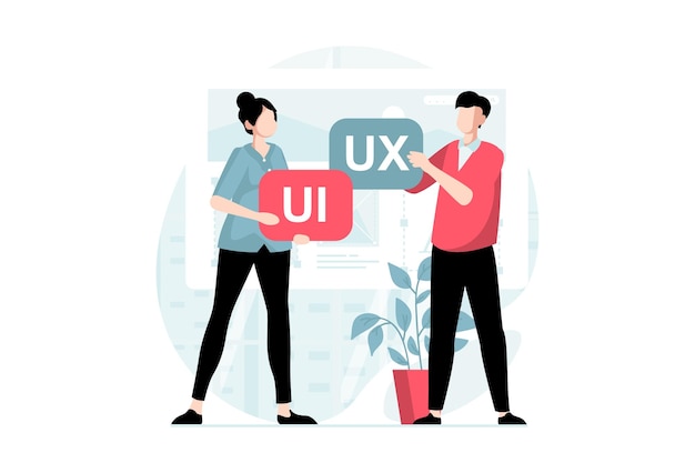 Концепция дизайна пользовательского интерфейса и UX со сценой людей в плоском стиле Команда дизайнеров, создающих макет страниц интерфейса сайтов, проводящих исследования и прототипирование Векторная иллюстрация с характерной ситуацией для Интернета