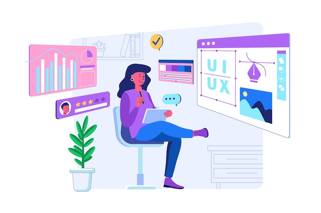 UI UX 디자인 개념 웹에 대한 사람들 장면을 사용한 UI UX 디자인 개념 평면 원근 디자인에서 요소를 만들고 그래픽 콘텐츠로 페이지를 채우는 인터페이스 레이아웃으로 작업하는 여성 디자이너