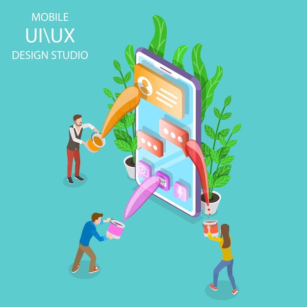 Ui e ux design studio isometrico piatto.