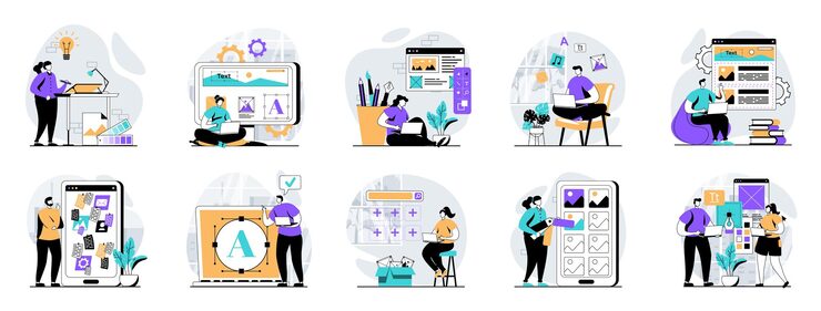 Vector ui ux design web concept with people scenes mega set in flat design bundle of character situations with user interface layouts creating testing app usability for mobile screen vector illustrations