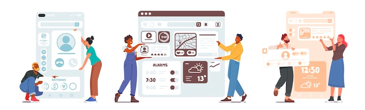 Vector ui ux 디자이너 캐릭터 웹 사이트 인터페이스 개발 시각적 요소 벡터 일러스트레이션으로 콘텐츠 레이아웃 만들기