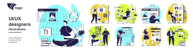 ui and ux designers concept set for web design collection with people creating layouts interfaces for mobile application doing wireframe templates prototyping at platform vector illustration