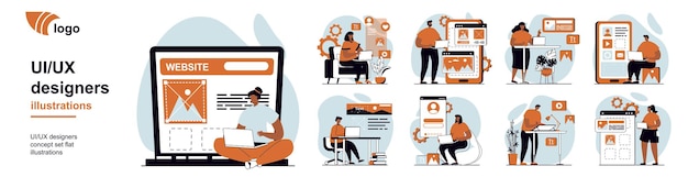 ui and ux designers concept with people scenes mega set in flat web design bundle of character situation with creating and coding wireframe layouts interfaces for mobile apps vector illustrations
